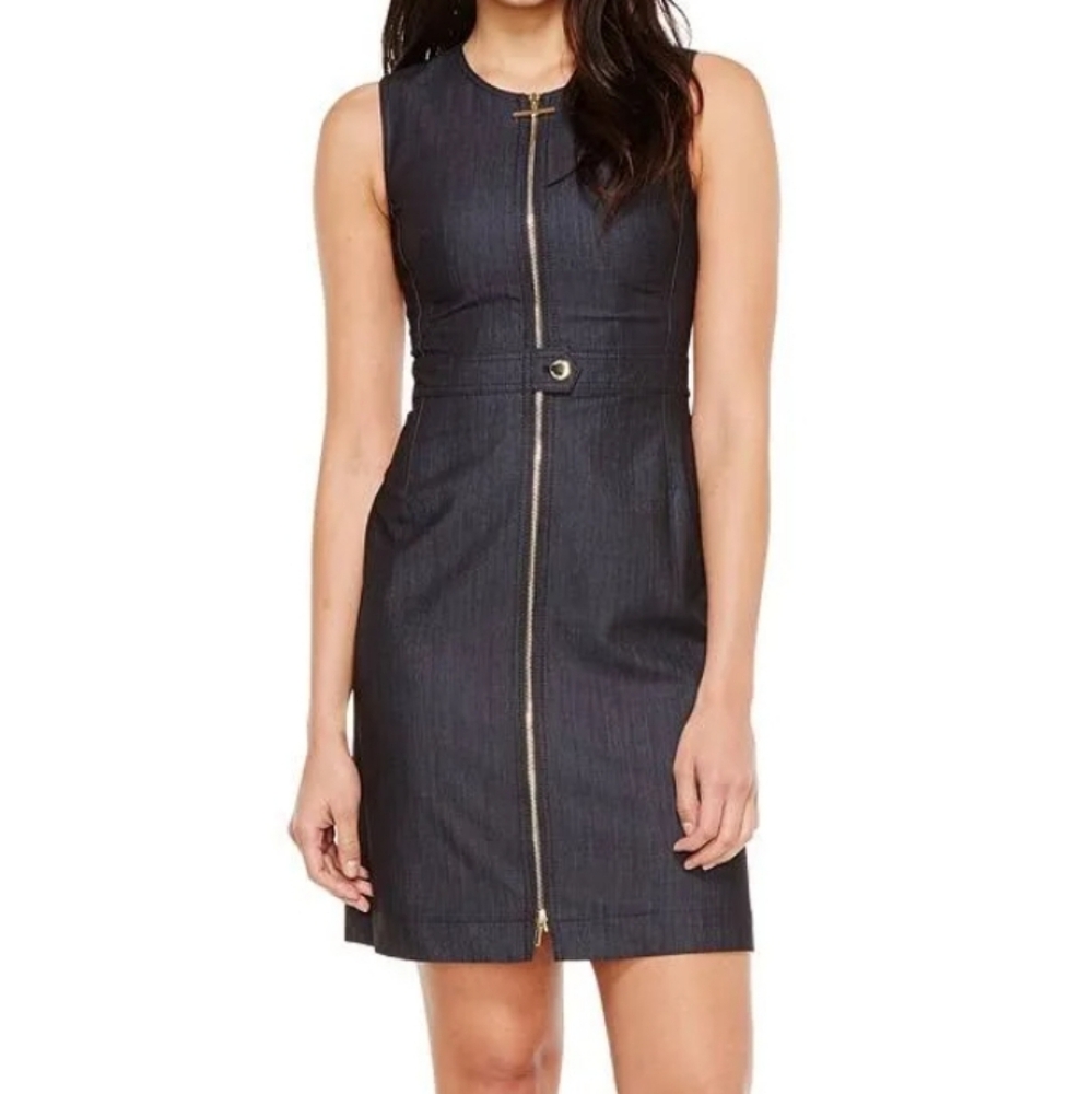 Calvin Klein Dress Chambray Zip Up 10 Medium Blue Denim Sheath Sleeveless